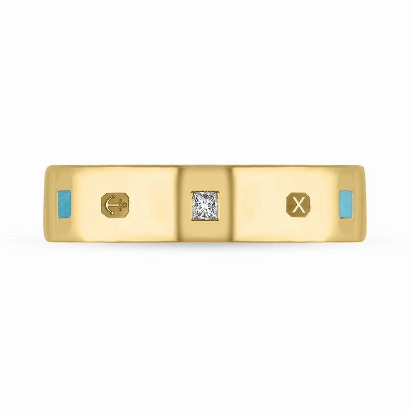 9ct Yellow Gold Turquoise 0.12ct Diamond Queen's Jubilee Hallmark Princess Cut 5mm Ring D