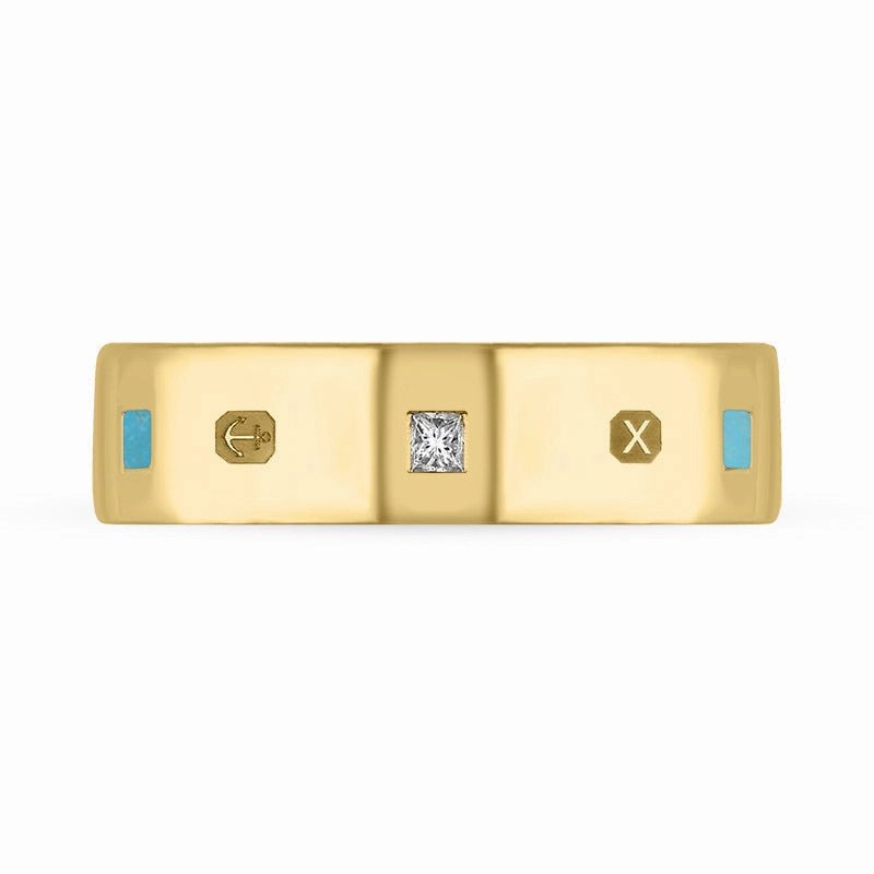9ct Yellow Gold Turquoise 0.18ct Diamond Queen's Jubilee Hallmark Princess Cut 6mm Ring D