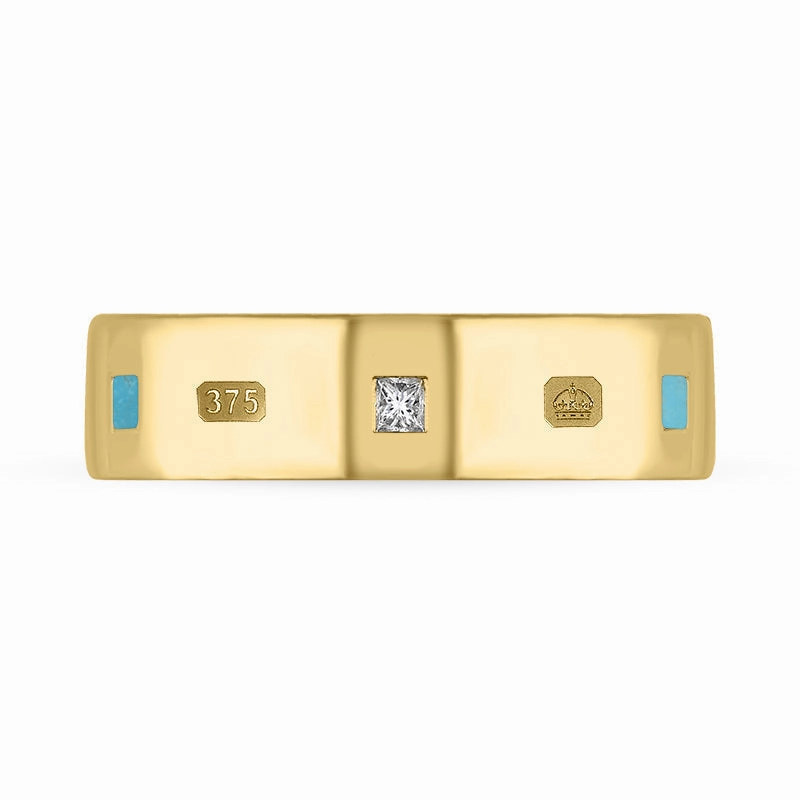 9ct Yellow Gold Turquoise 0.18ct Diamond Queen's Jubilee Hallmark Princess Cut 6mm Ring D