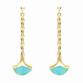 9ct Yellow Gold Turquoise Drop Twist Fan Stud Earrings