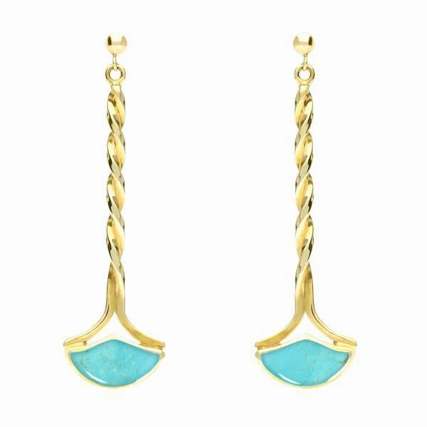 9ct Yellow Gold Turquoise Drop Twist Fan Stud Earrings