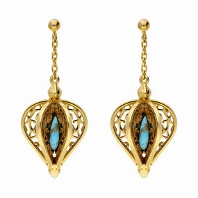9ct Yellow Gold Turquoise Flore Filigree Drop Earrings