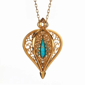 9ct Yellow Gold Turquoise Flore Filigree Small Necklace