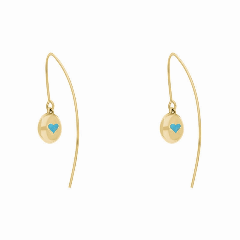 9ct Yellow Gold Turquoise Heart Disc Drop Earrings
