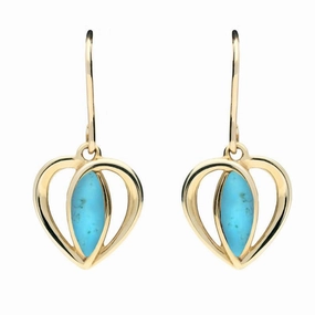 9ct Yellow Gold Turquoise Heart Drop Earrings