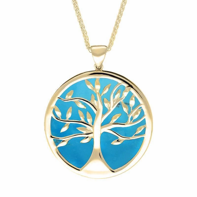 9ct Yellow Gold Turquoise Large Round Tree of Life Two Piece Set