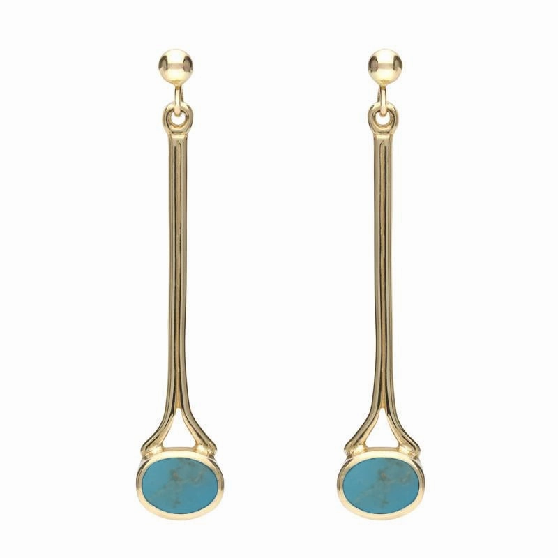 9ct Yellow Gold Turquoise Long Drop Earrings