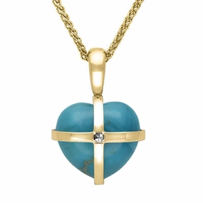 9ct Yellow Gold Turquoise Marcasite Small Cross Heart Necklace