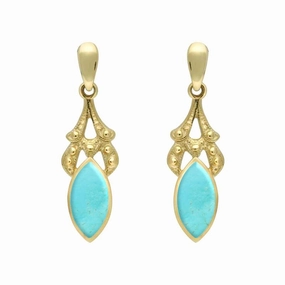 9ct Yellow Gold Turquoise Marquise Drop Earrings