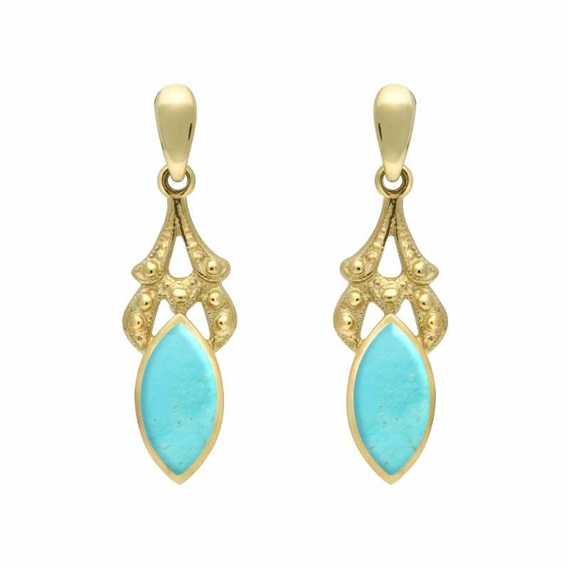 9ct Yellow Gold Turquoise Marquise Drop Earrings