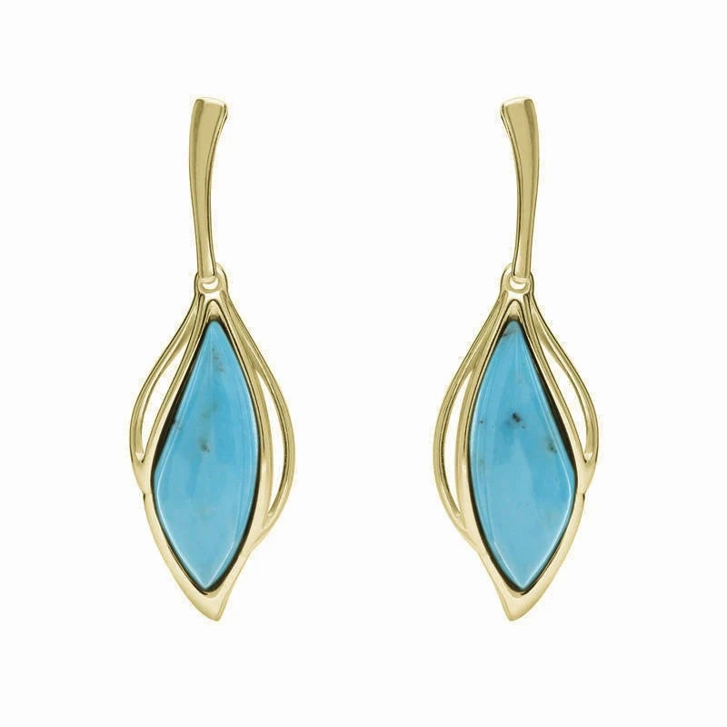 9ct Yellow Gold Turquoise Open Marquise Drop Earrings