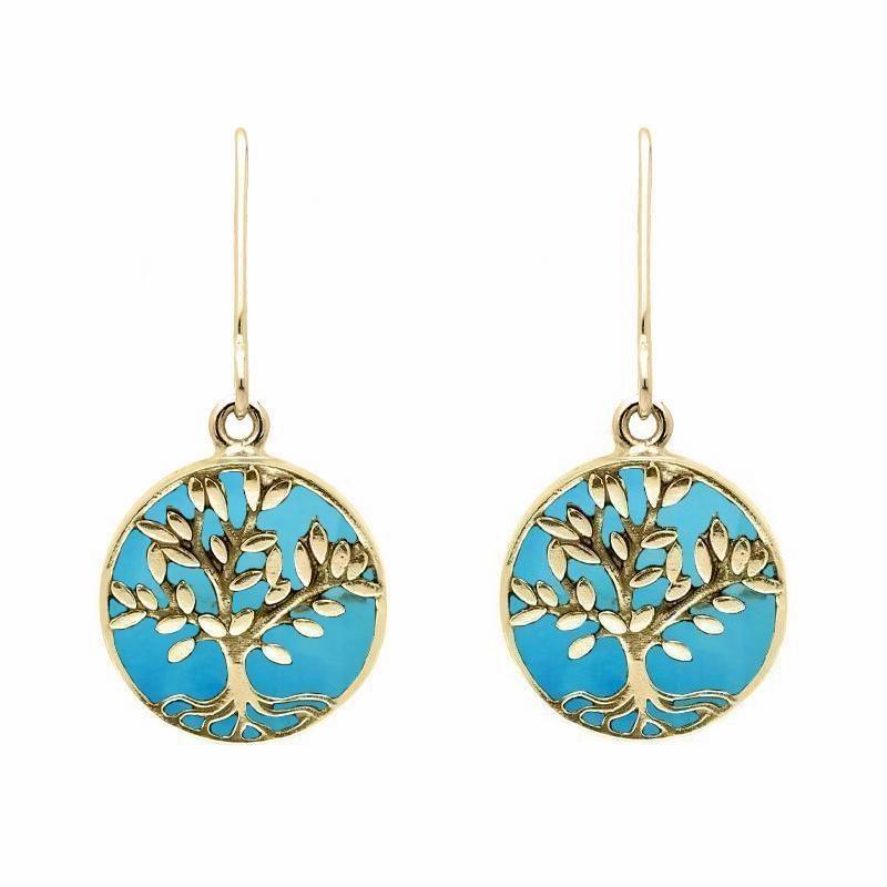 9ct Yellow Gold Turquoise Round Large Tree of Life Leaves Drop Earrings