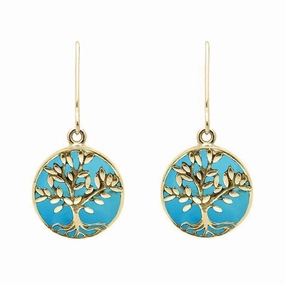 9ct Yellow Gold Turquoise Round Large Tree of Life Leaves Drop Earrings