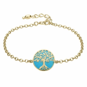 9ct Yellow Gold Turquoise Round Tree of Life Chain Bracelet