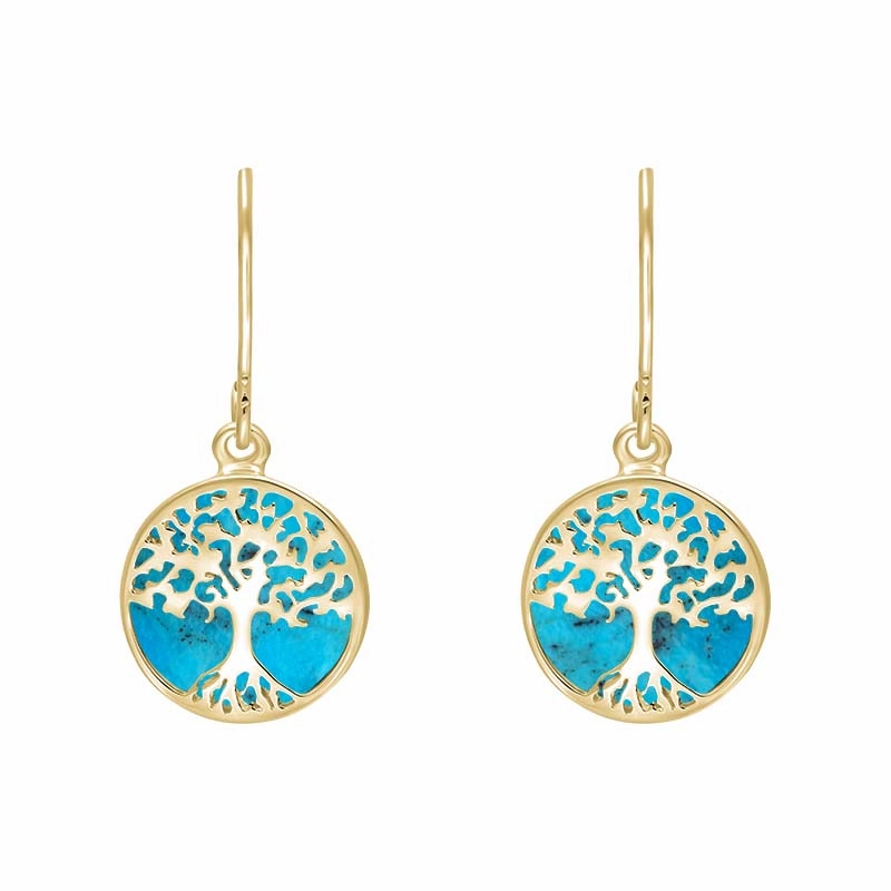 9ct Yellow Gold Turquoise Round Tree of Life Drop Earrings