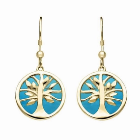 9ct Yellow Gold Turquoise Round Tree of Life Drop Earrings