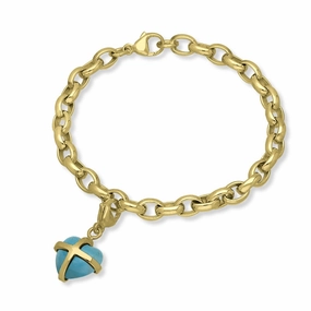 9ct Yellow Gold Turquoise Small Cross Heart Charm Bracelet