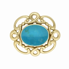 9ct Yellow Gold Turquoise Twisted Rope Edge Brooch