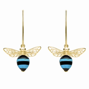 9ct Yellow Gold Turquoise Whitby Jet Bee Small Hook Earrings