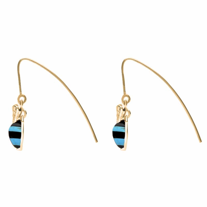 9ct Yellow Gold Turquoise Whitby Jet Bee Small Hook Earrings