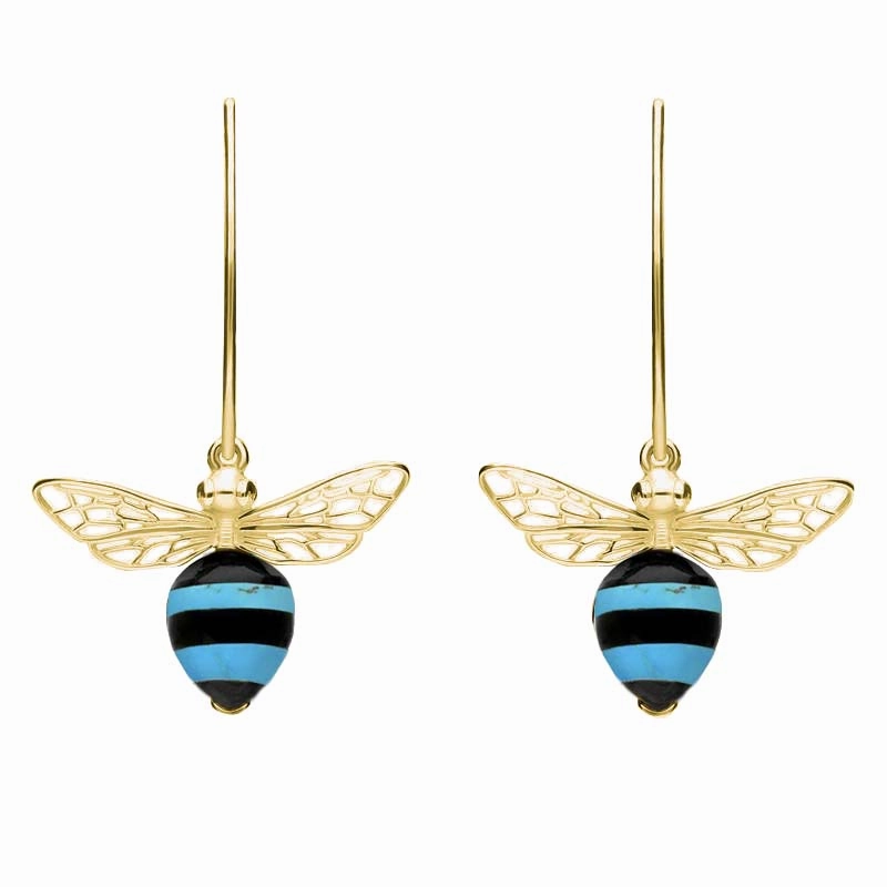 9ct Yellow Gold Turquoise Whitby Jet Bee Small Hook Earrings