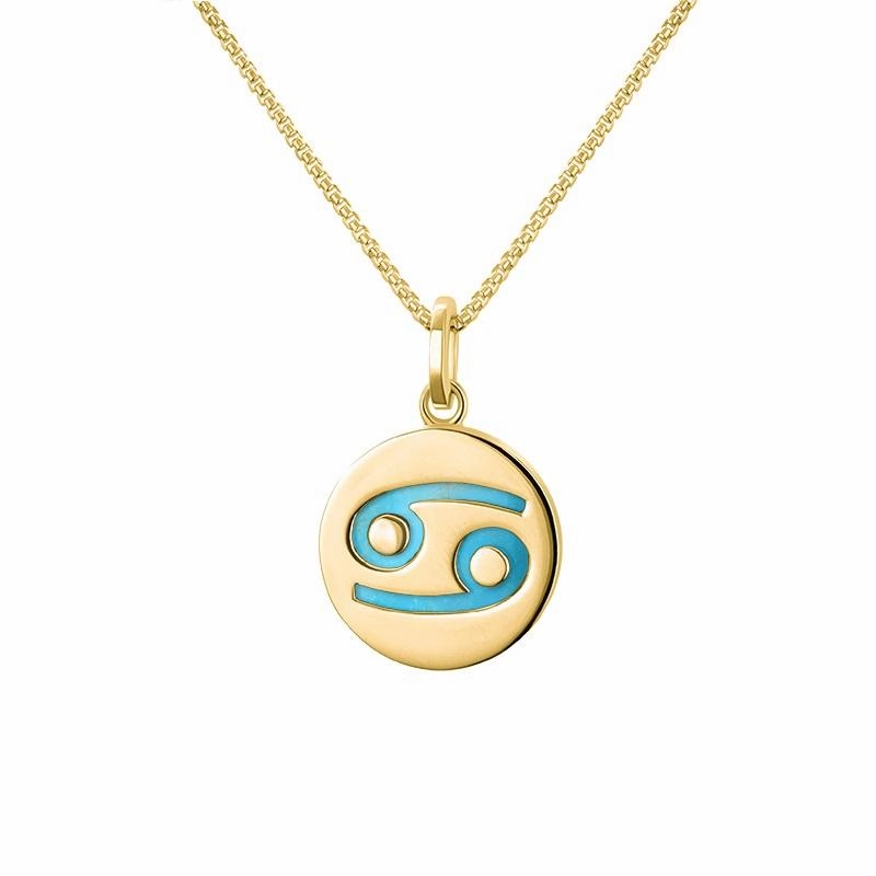 9ct Yellow Gold Turquoise  Zodiac Cancer Round Necklace