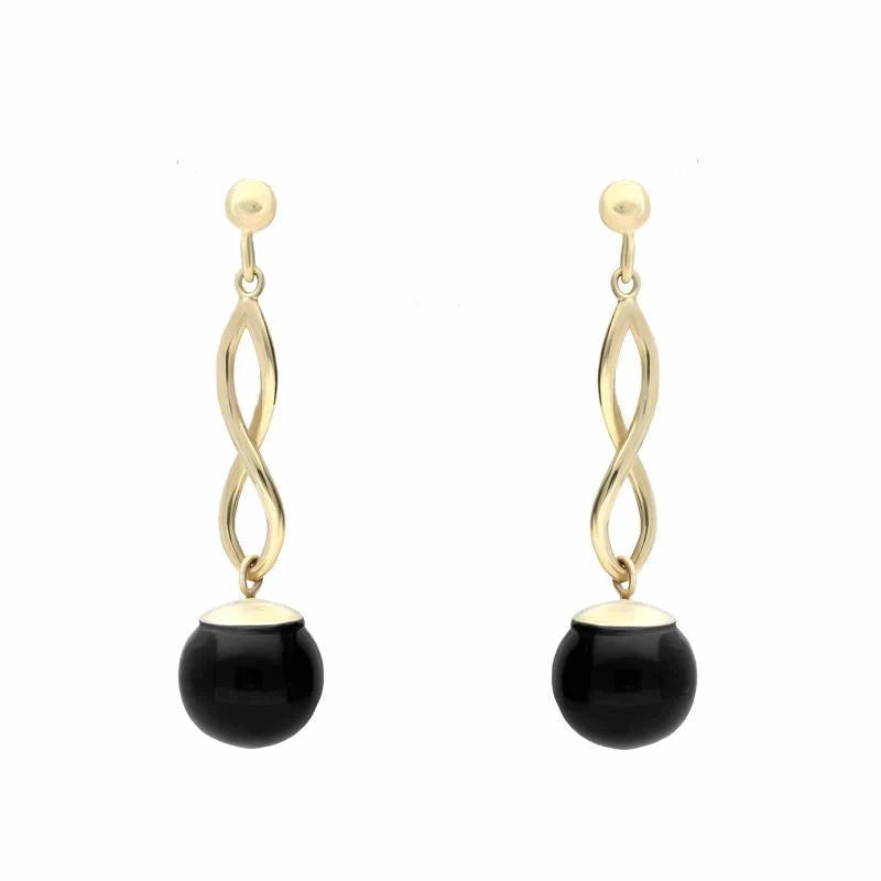 9ct Yellow Gold Whitby Jet 8mm Bead Twist Drop Earrings