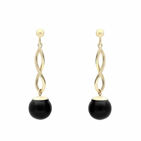 9ct Yellow Gold Whitby Jet 8mm Bead Twist Drop Earrings
