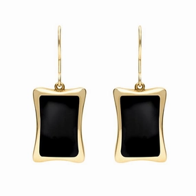9ct Yellow Gold Whitby Jet Abstract Oblong Hook Drop Earrings
