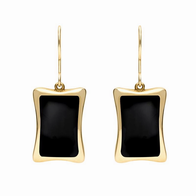 9ct Yellow Gold Whitby Jet Abstract Oblong Hook Drop Earrings