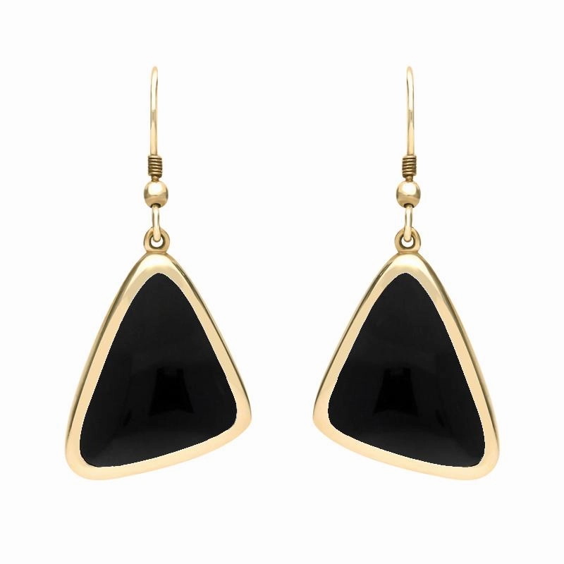 9ct Yellow Gold Whitby Jet Abstract Triangle Hook Drop Earrings