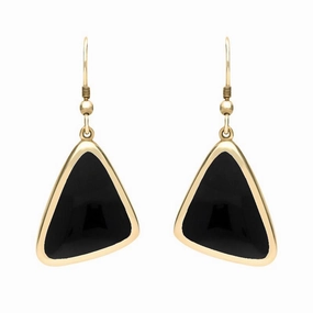 9ct Yellow Gold Whitby Jet Abstract Triangle Hook Drop Earrings