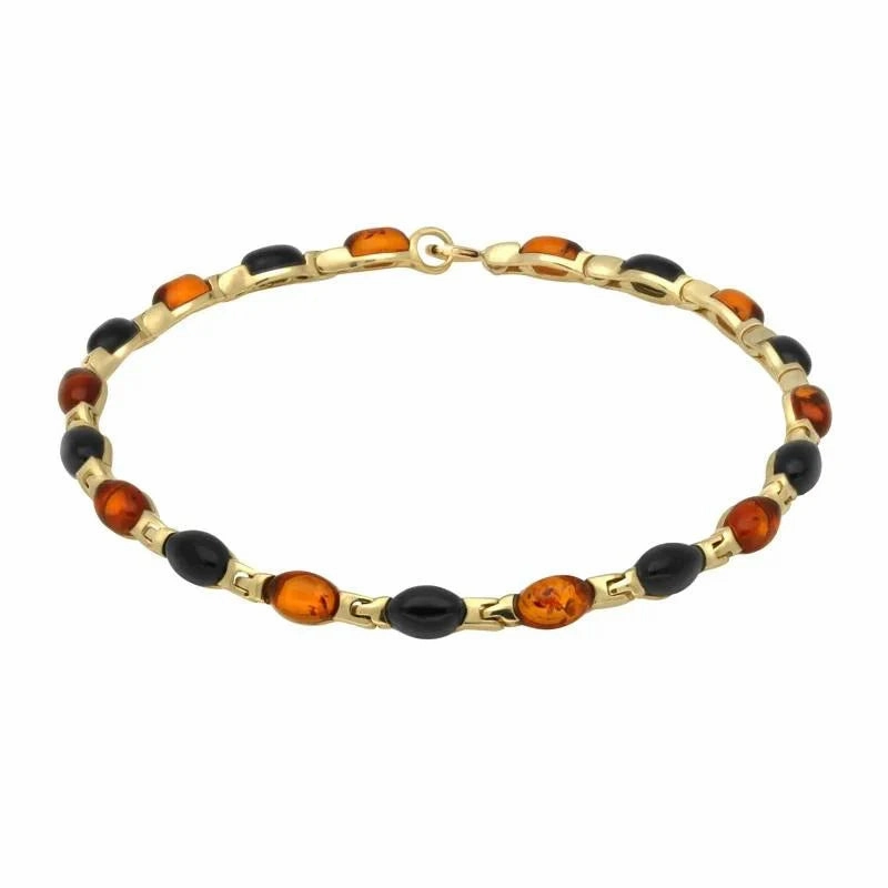 9ct Yellow Gold Whitby Jet Amber Nineteen Stone Marquise Link Bracelet D