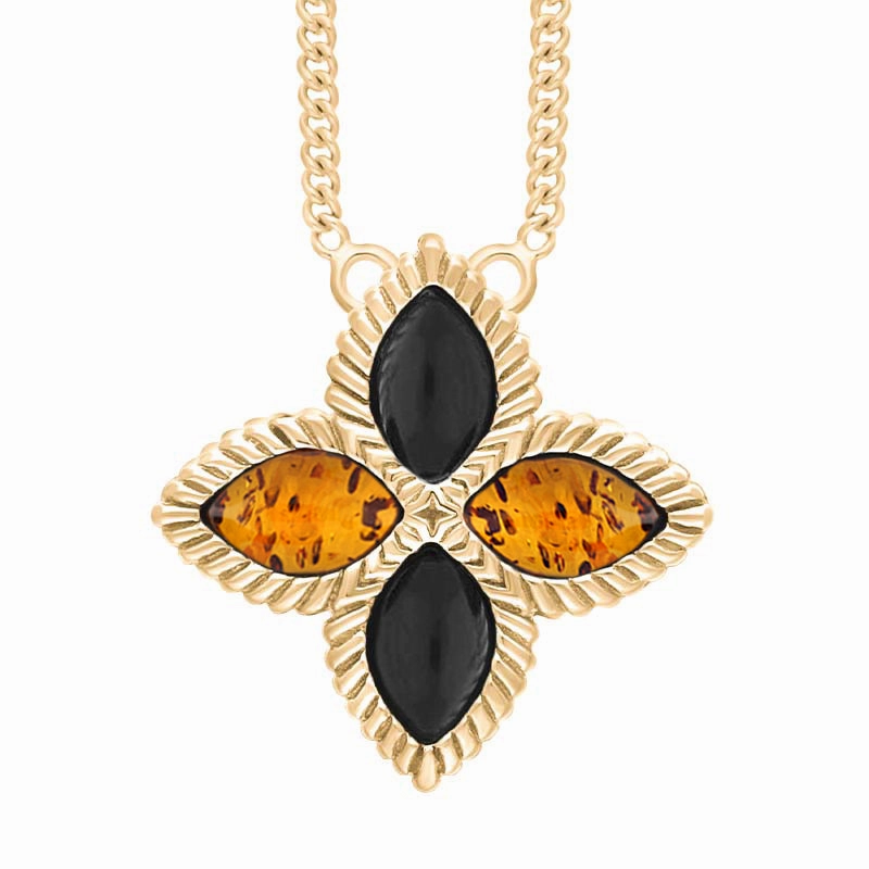 9ct Yellow Gold Whitby Jet And Amber Eden Large Marquise Flower Necklace