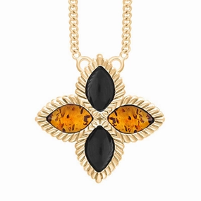 9ct Yellow Gold Whitby Jet And Amber Eden Large Marquise Flower Necklace