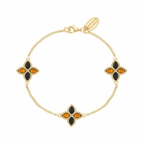 9ct Yellow Gold Whitby Jet And Amber Eden Marquise Flower Bracelet
