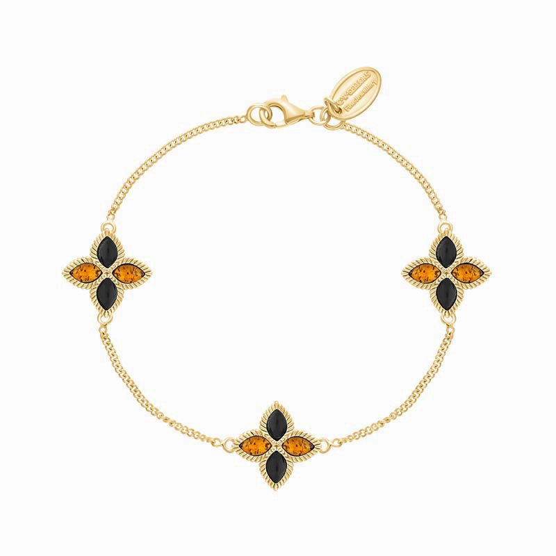 9ct Yellow Gold Whitby Jet And Amber Eden Marquise Flower Bracelet