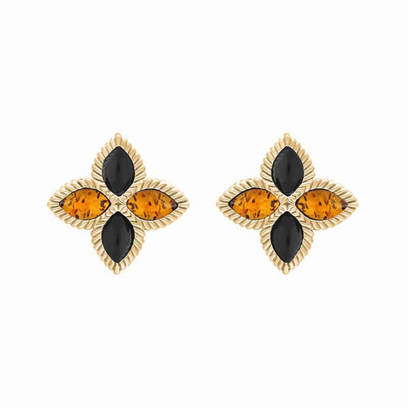 9ct Yellow Gold Whitby Jet And Amber Eden Marquise Flower Stud Earrings