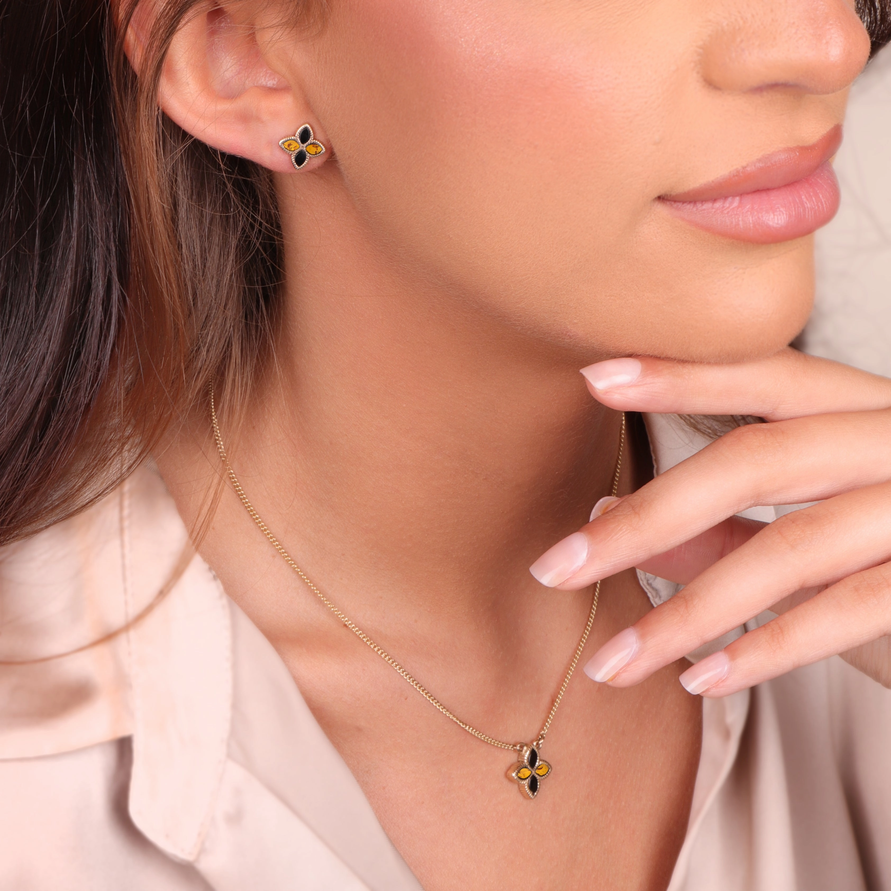 9ct Yellow Gold Whitby Jet And Amber Eden Marquise Flower Stud Earrings