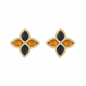 9ct Yellow Gold Whitby Jet And Amber Eden Marquise Flower Stud Earrings