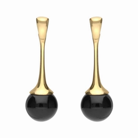 9ct Yellow Gold Whitby Jet Bead Trumpet Drop Earrings