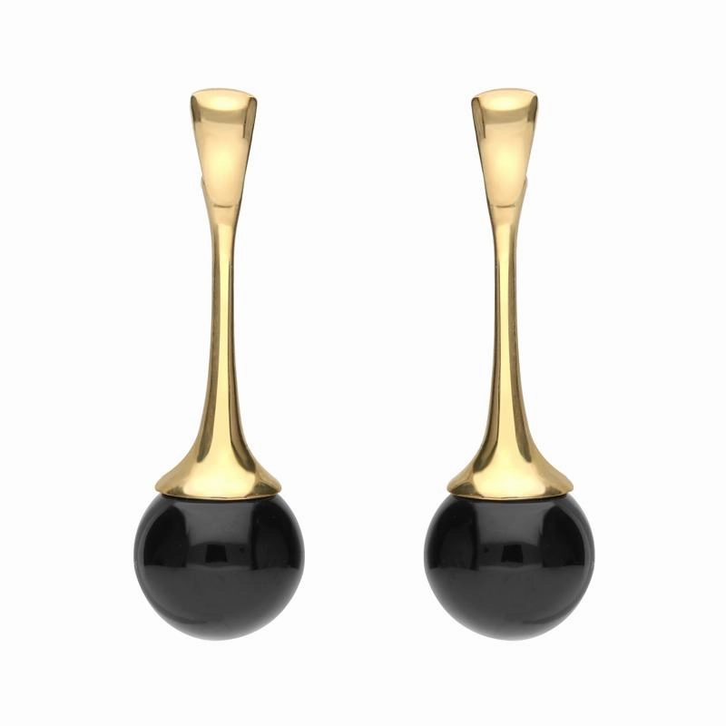 9ct Yellow Gold Whitby Jet Bead Trumpet Drop Earrings