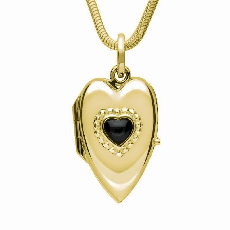 9ct Yellow Gold Whitby Jet Beaded Edge Heart Locket Necklace