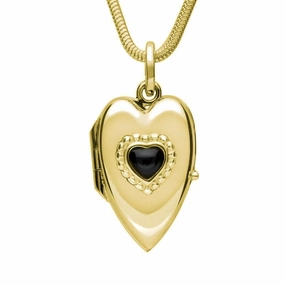 9ct Yellow Gold Whitby Jet Beaded Edge Heart Locket Necklace