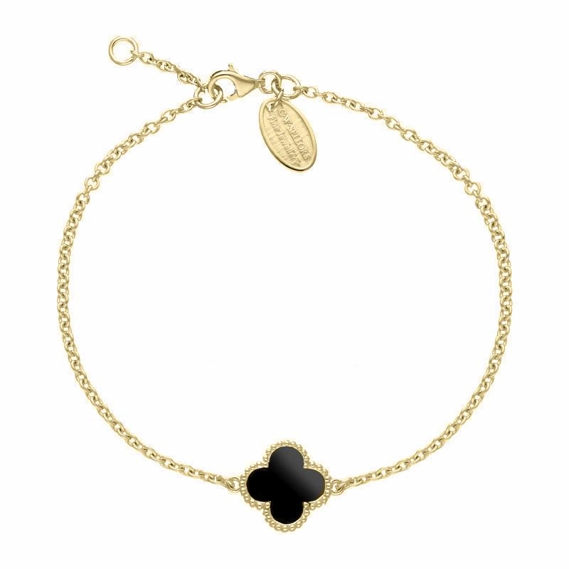 9ct Yellow Gold Whitby Jet Bloom Four Leaf Clover Ball Edge Chain Bracelet