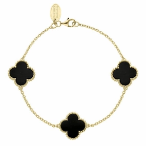 9ct Yellow Gold Whitby Jet Bloom Four Leaf Clover Ball Edge Chain Bracelet