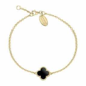 9ct Yellow Gold Whitby Jet Bloom Four Leaf Clover Ball Edge Chain Bracelet