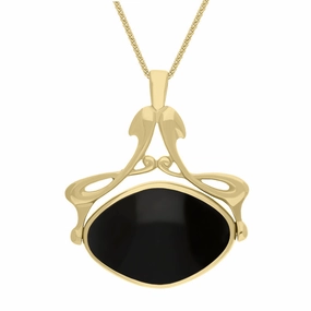9ct Yellow Gold Whitby Jet Blue John Bell Diamond Swivel Fob Necklace