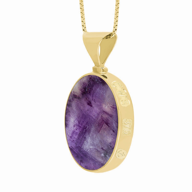 9ct Yellow Gold Whitby Jet Blue John King's Coronation Hallmark Double Sided Oval Necklace D