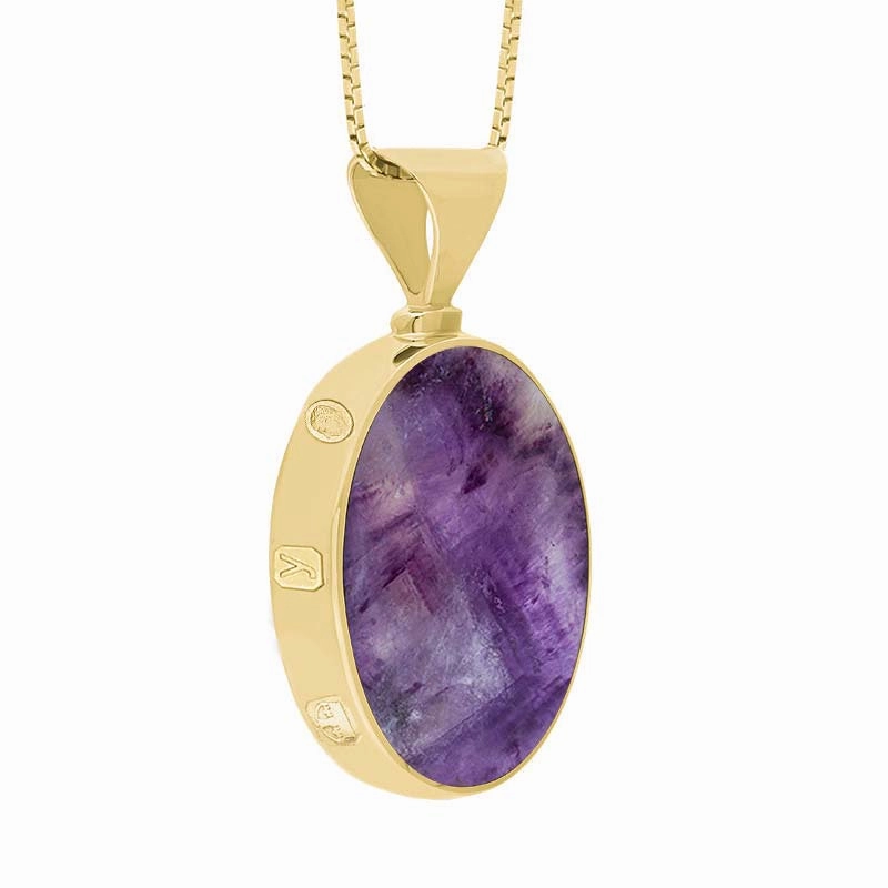 9ct Yellow Gold Whitby Jet Blue John King's Coronation Hallmark Double Sided Oval Necklace D